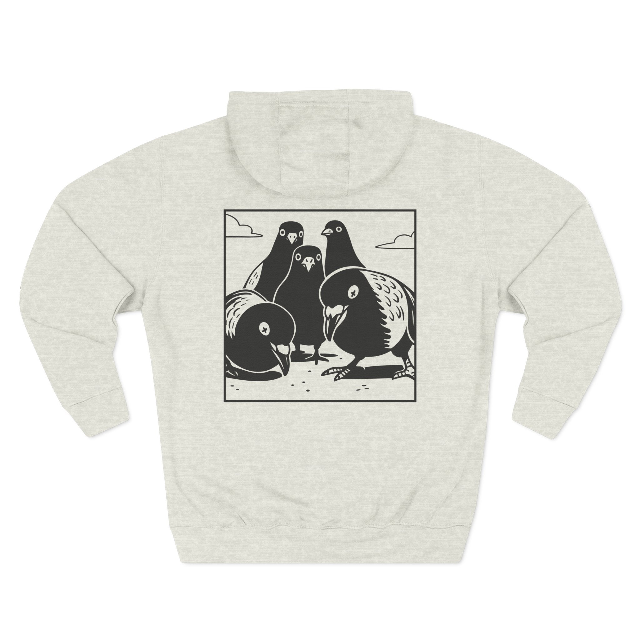 Pigeon Squad Graphic Hoodie, Vintage Black & White Three-Panel Back Print