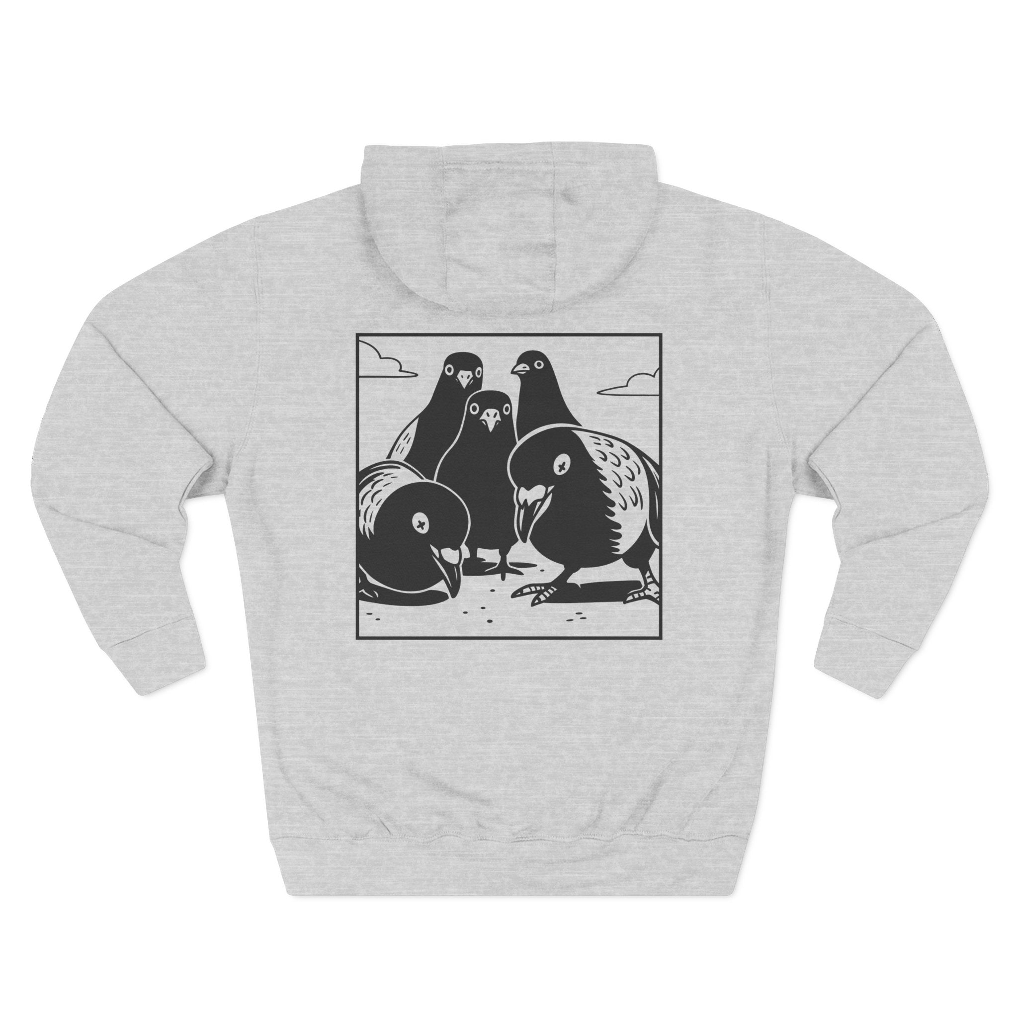 Pigeon Squad Graphic Hoodie, Vintage Black & White Three-Panel Back Print