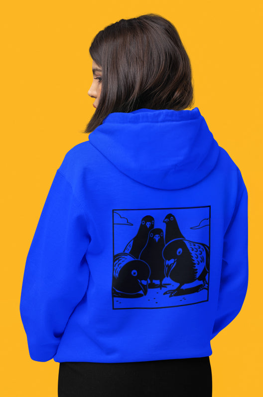 Pigeon Squad Graphic Hoodie, Vintage Black & White Three-Panel Back Print