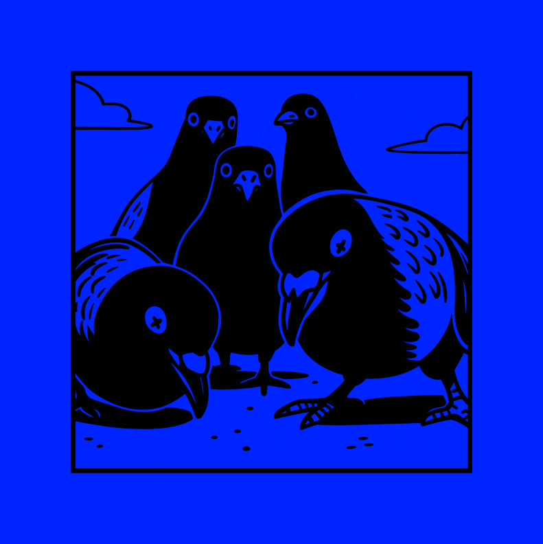 Pigeon Squad Graphic Hoodie, Vintage Black & White Three-Panel Back Print